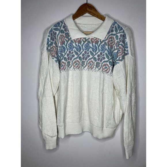 Vintage Floral Collared Sweater Women's Medium Cottagecore - Picture 1 of 9